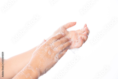 Hygiene. Cleaning Hands. Washing hands with soap bubbles