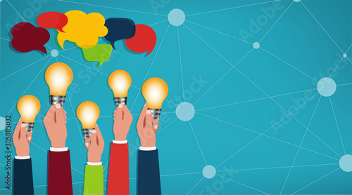 Sharing ideas. Hands with light bulbs. Communication and discussion community social network. Connection between groups of people or friends. People who communicate online via the web. Speech bubble