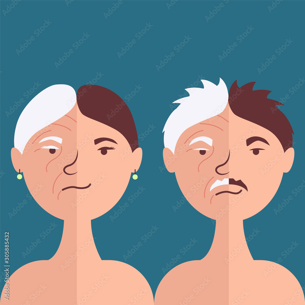 Male and female antiage face. Comparison of old age and youth. Age show transience. Vector illustration Male and female antiage face. Comparison of old age and youth. Age show transience. Vector illustration