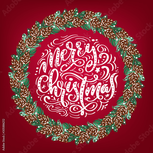 Realistic Christmas vector wreath with red berries on evergreen branches and text Merry Christmas. mas illustration for greeting card