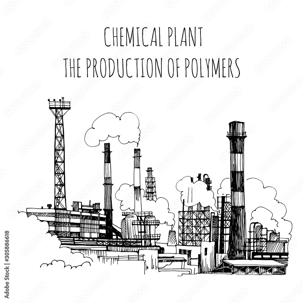 Chemical plant, the production of polymers, hand-drawn vector sketch