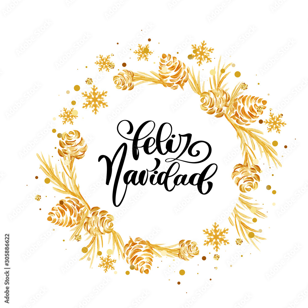 Spanish calligraphic text Feliz Navidad. Christmas bright background with golden Xmas decorations. Merry christmas greeting card. Glitter gold composition. Happy New Year