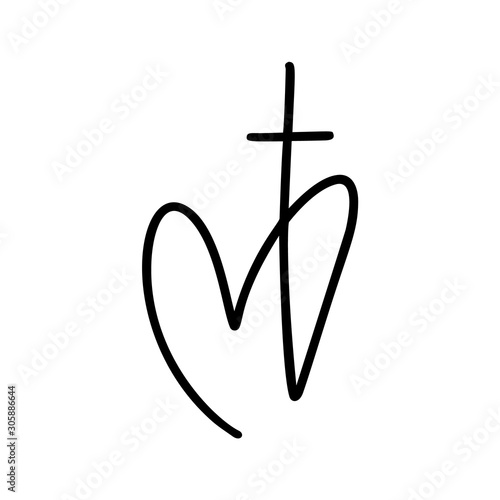 Vector Christian logo Heart with Cross on a White Background. Hand Drawn Calligraphic symbol. Minimalistic religion icon