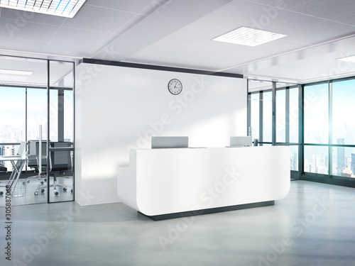 Blank white reception desk in concrete office with large windows Mockup 3D rendering