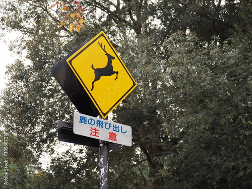 奈良公園の「鹿の飛び出し注意」の標識