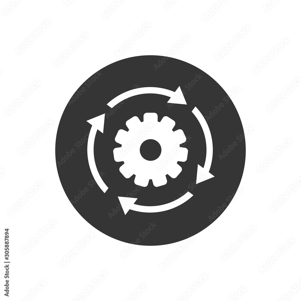 Workflow process white icon in flat style. Gear cog wheel with arrows vector illustration on gray isolated background. Workflow business Workflow process white icon in flat style. Gear cog wheel with arrows vector illustration on gray isolated background. Workflow business