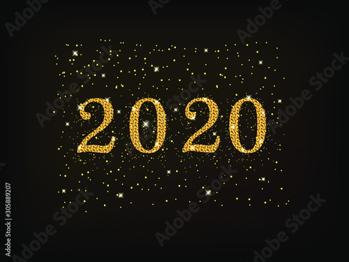 2020 numbers with sequins on black background. orange backlight and glare.