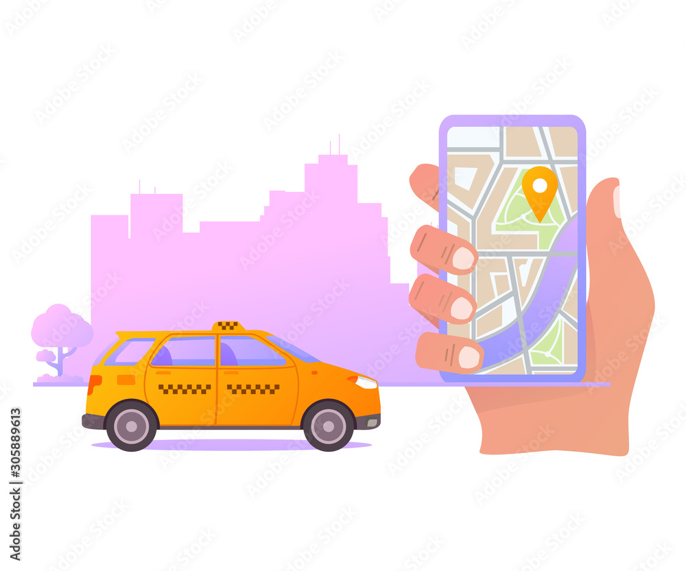 Online taxi order mobile application concept.Hand holding smart phone app on display map. Yellow cab city silhouette with skyscrapers.Flat illustration vector. Online taxi order mobile application concept.Hand holding smart phone app on display map. Yellow cab city silhouette with skyscrapers.Flat illustration vector.