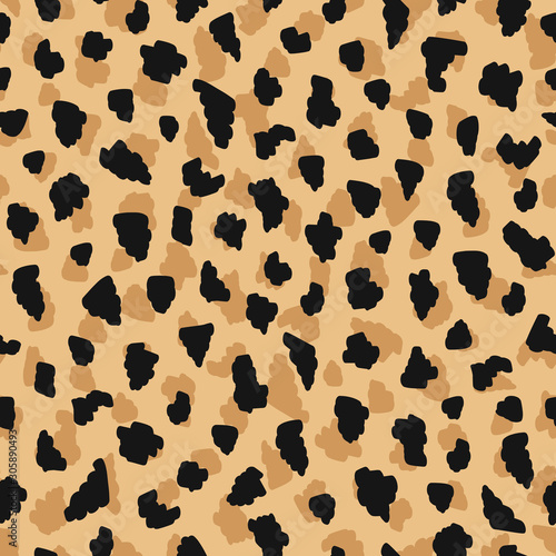 Leopard skin, furry pattern design. Vector seamless illustration. Wild animal background imitation. Cat cheetah texture. Modern animal fur fashion backdrop. Fashionable print for textiles. 