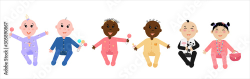 Babies-boys and babies-girls of different Nations-European, Asian, African. Isolated on white background. Stock vector graphics.