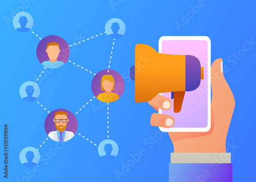 Referral marketing banner.Megaphone with refer.Can use for, landing page, template.Network marketing.Hand with smartphone and users avatar. Recommend to friend.Blogging promotion services.Vector flat.