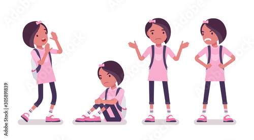 School girl in casual wear, negative emotions. Cute small lady in pink tshirt with rucksack, active young kid, smart elementary pupil aged between 7, 9 years. Vector flat style cartoon illustration
