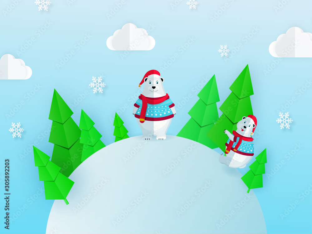 Cartoon polar bear characters wearing woolen cloth with paper cut Xmas tree, snowflake and clouds decorated on blue background with space for your message.