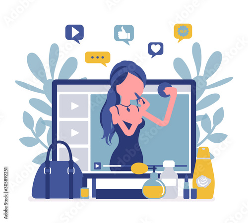 Beauty video blogger. Woman creating, posting videos on style, cosmetics, hair-styling, nails, influencer starting makeup tip blog, successful fashion guru. Vector illustration with faceless character