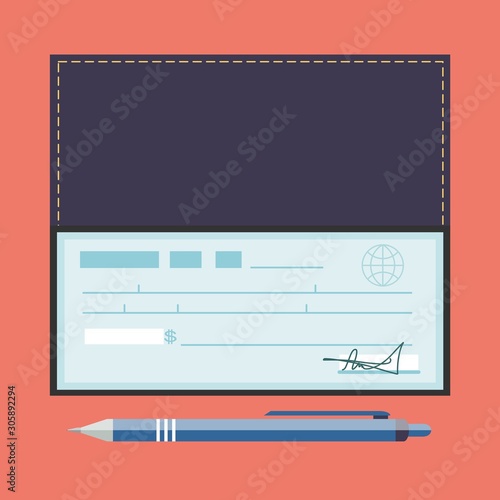 Cheque vector illustration. Cheque icon in flat style. Cheque book on colored background. Bank check with pen. Concept illustration pay, payment, buy.