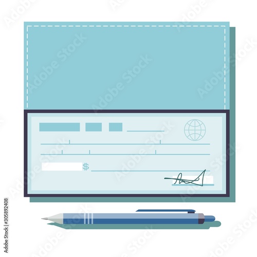 Cheque vector illustration. Cheque icon in flat style. Cheque book on colored background. Bank check with pen. Concept illustration pay, payment, buy.