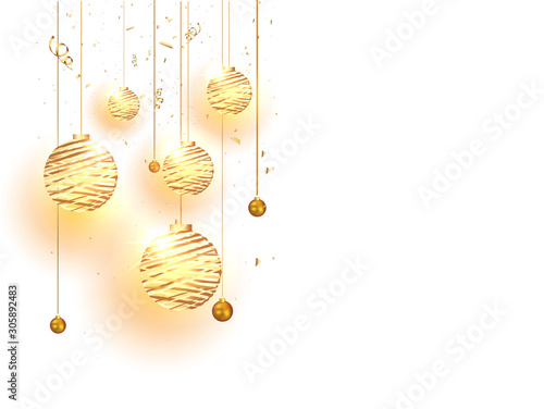 Hanging baubles with light effect and golden confetti decorated on white background can be used as greeting card design.