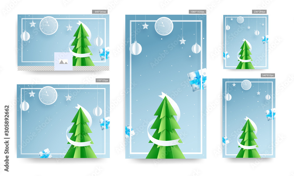 Social Media template and poster design set with paper cut Xmas tree, wall clock, gift boxes, hanging baubles and stars decorated on blue background.