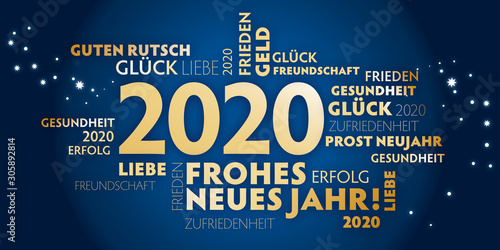 2020 Neujahrsgrüße - frohes neues Jahr deutscher Text - blauer Hintergrund und goldene Schrift