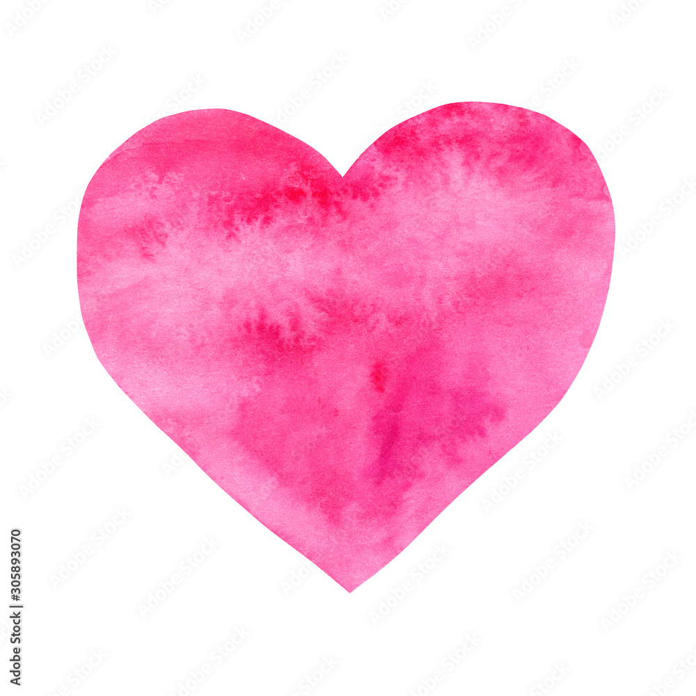 Pink heart, watercolor hand drawn valentine's day symbol isolated on white background. 