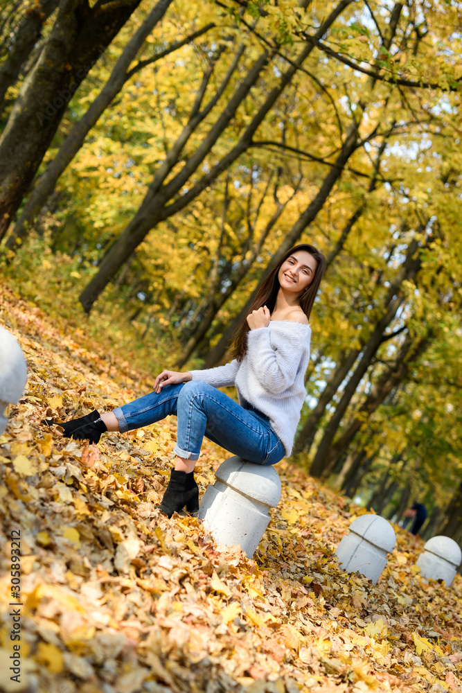 Female portrait. Young woman in casual wear posing in autumn forest with yellow leaves