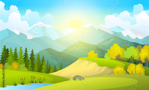 Vector illustration of beautiful summer fields landscape with a dawn, green hills, bright color blue sky, country background in flat cartoon style banner