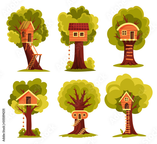 Set of tree house. Children playground with swing and ladder. Flat style vector illustration. Tree house for playing and parties. House on tree for kids. Wooden town, rope park between green foliage