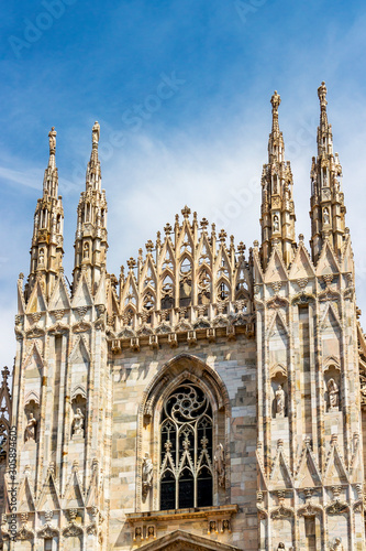 The Gothic Duomo di Milano or Milan Cathedral in Milan, Lombardy, Italy, the largest church in Italy, architectural detail