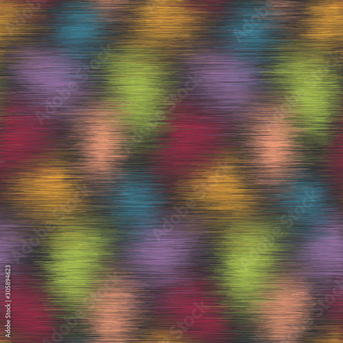 Blurry fuzzy blobs of color seamless repeat vector pattern swatch. Modern ikat style for background or surface design. Bright colors on black.