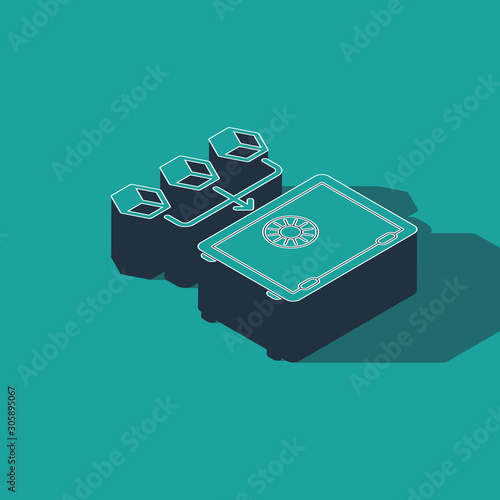 Isometric Proof of stake icon isolated on green background. Cryptocurrency economy and finance collection. Vector Illustration