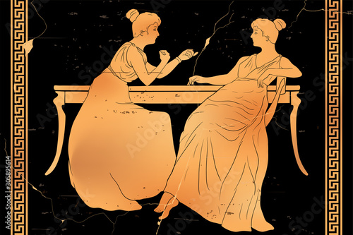 Vector image stylized as ancient Greek drawing. Two women are sitting at the table and having a conversation.