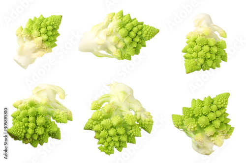 sliced romanesco broccoli isolated on white background. Roman cauliflower. top view