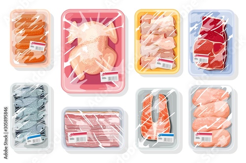 Big vector set with meat, poultry, seafood on plastic trays covered with polyethylene kitchen saran film. Vacuum packaging for storage, transportation of chicken, crawfish, beef steak, sausages.