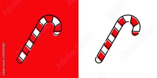 Christmas candy cane, icono plano lineal bastón de caramelo en fondo rojo y fondo blanco