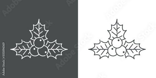Símbolo navideño, icono plano lineal hojas de acebo en fondo gris y fondo blanco