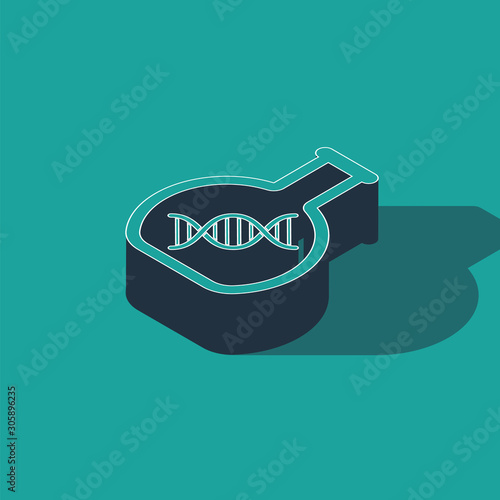 Isometric DNA research, search icon isolated on green background. Genetic engineering, genetics testing, cloning, paternity testing. Vector Illustration