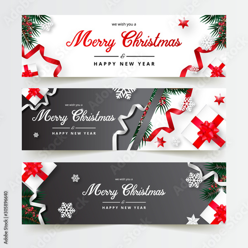 Christmas Banner Collection, we wish you a merry christmas greeting, christmas, christmas ornament and gift background, clean happy new year background banner, Vector.