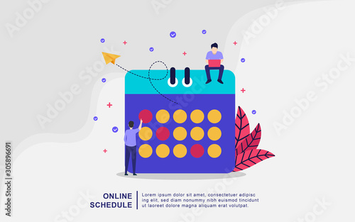 Modern flat design concept of Online Schedule. Online Scheduling Service, time management, Planning schedule concept with characters. Template for landing page, banner, ui, social media, print media.