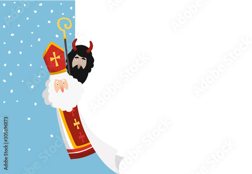 Cute hand drawn Saint Nicholas with devil and blank paper sheet, greeting card. Winter background, web banner with falling snow and copy space. Flat design, vector illustration. European tradition.