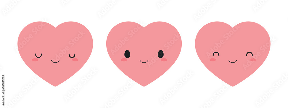 Set of cute pink heart icons. Flat vector illustration.