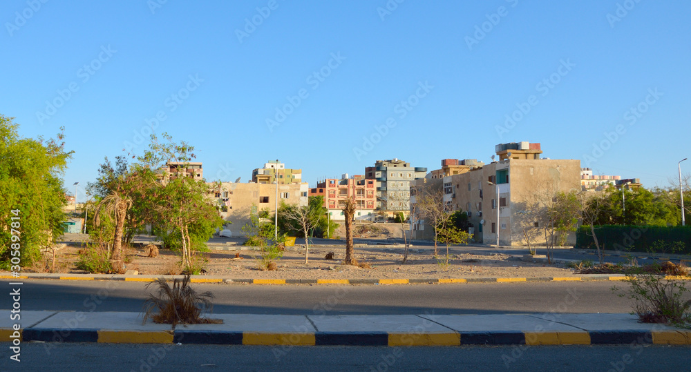 The small Egyptian town Safaga. Street with road