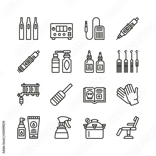 Tattoo equipment line icon set. Flat tools collection. Tattoo machine, cartridge, needle, glove, paint, disinfection, care, sterilization. Vector illustration.