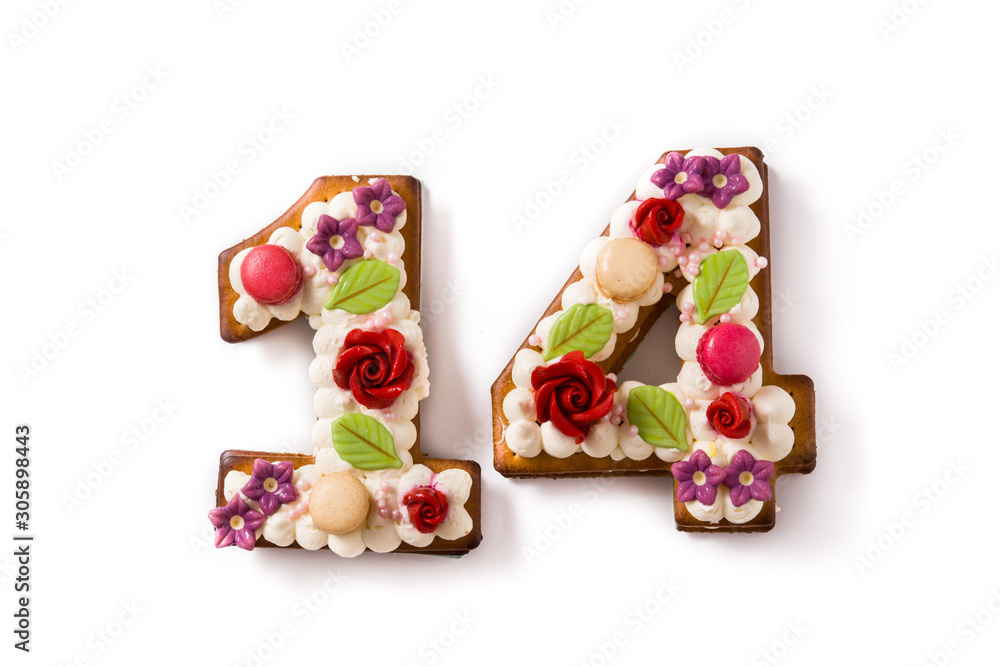 Valentine's Day cake with 14 number with flowers decorated isolated on white background.  - obrazy, fototapety, plakaty 