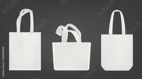 Tote shopping canvas bags. Vector mockup of realistic white reusable cotton ecobags different shapes isolated on gray background.