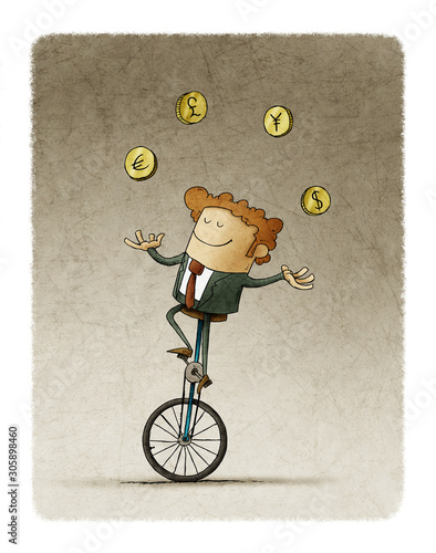 Businessman riding a unicycle juggles four currencies from different countries.