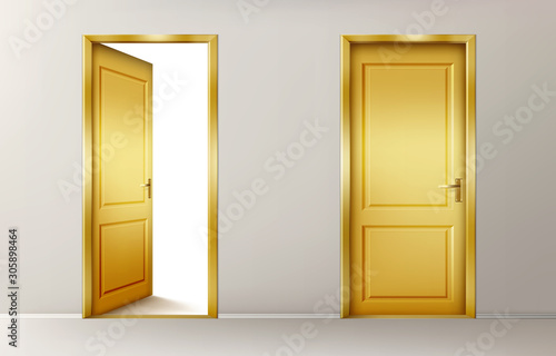 Golden doors. Vector set of realistic closed and open yellow doors in interior. Conceptual illustration for welcome, wealth luck or new opportunity