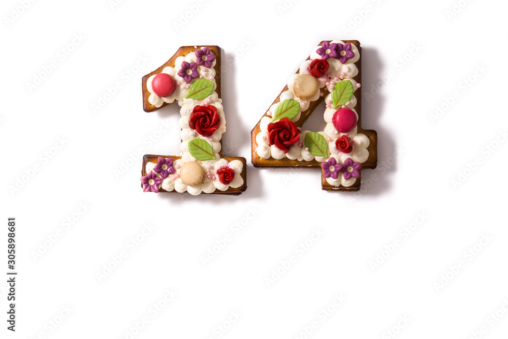 Valentine's Day cake with 14 number with flowers decorated isolated on white background. Copy space	