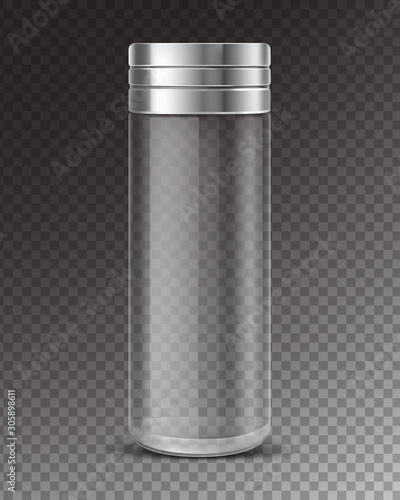 Empty glass salt shaker with metal cap isolated on transparent background. Vector realistic clear bottle salt cellar for sodium chloride, pepper and spice in front view