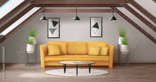 Modern lounge on attic with wooden ceiling beam and windows in roof. Vector realistic interior of mansard living room with yellow sofa, round glass coffee table and plants in white pots on garret