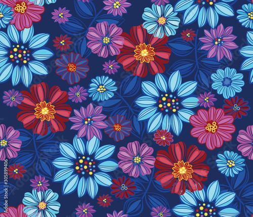 Jewel tones floral retro pattern, vintage flowers background